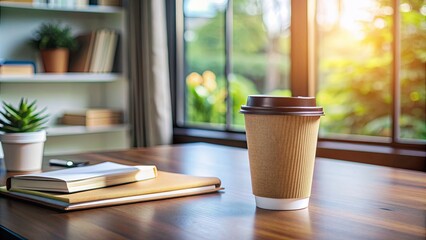 Fototapeta premium Disposable coffee cup on a study table with a cozy atmosphere , coffee cup, to go, mockup, drawing, paper, study