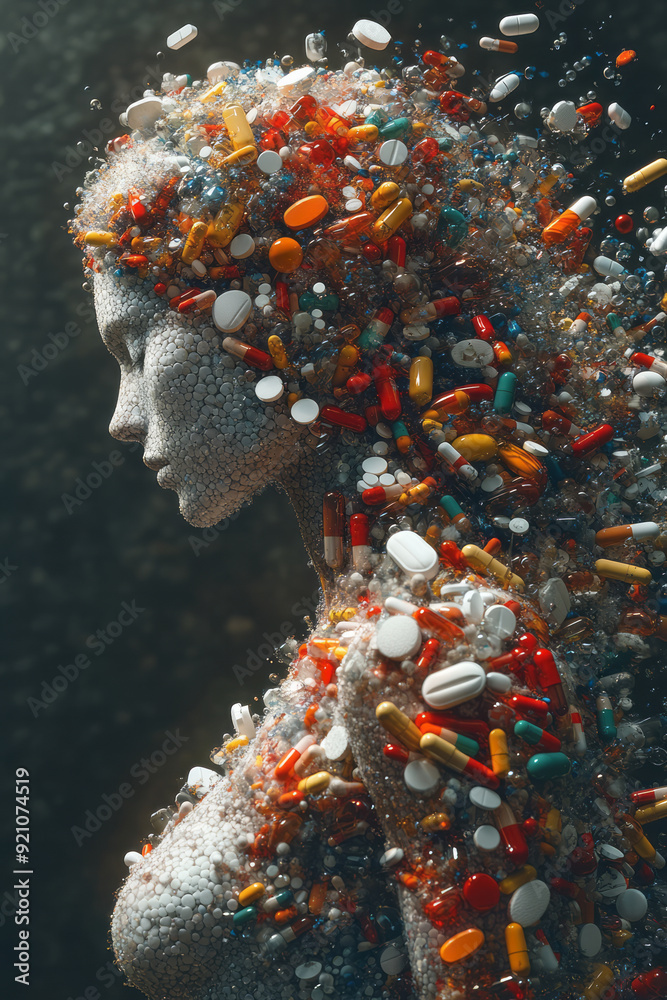 Poster A digital 3D body in profile view, with pills arranged to create a sense of movement and flow, as if the figure is in motion,