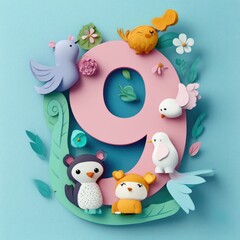 Paper cut style illustration, colorful 3D whimsical, text "9" made of cute animals