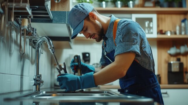 Young plumber in uniform repairing pipes in a modern kitchen setting. Home repair services