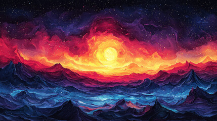 Colorful Cosmic Landscape of Abstract Mountain Peaks