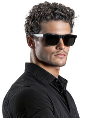 Fototapeta premium Stylish Young Man with Curly Hair Wearing Trendy Sunglasses and Black Shirt - Contemporary Fashion Portrait Isolated on Transparent Background