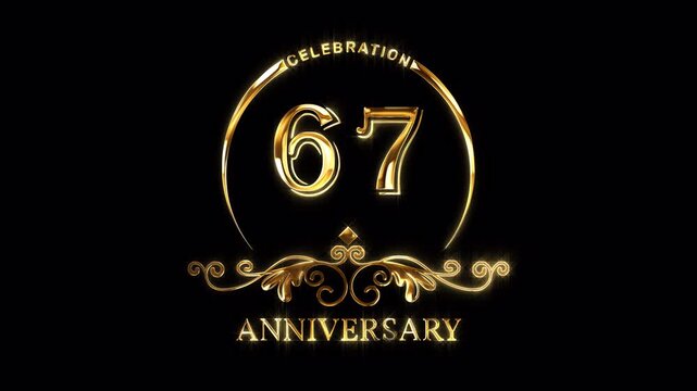 67th Anniversary Celebration. Happy 67 Years Anniversary Animation in Gold Color on the Transparent Background, Alpha Channel. Great for greetings, celebrations, events, and gifts.