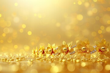 Gold jewelry with a floral design sits on a sparkling surface, bathed in warm, golden light