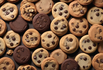 Obraz premium Assortment of various chocolate chip cookies, showcasing different textures and flavors. Ideal for food, dessert, and baking themes