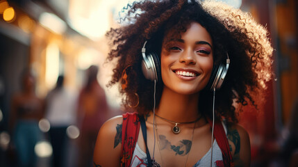 Fototapeta premium generated illustration contemporary tattooed woman listening to music