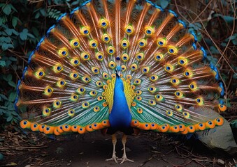 Proud peacock displays vibrant colors with extended tail