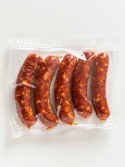 Packaged Fresh Sausages on White Background