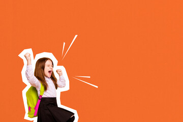 Composite photo collage of happy schoolgirl show fist success triumph september wear backpack season isolated on painted background