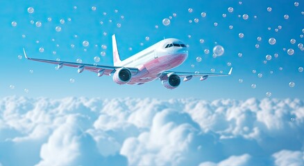 Naklejka premium An airplane flying through clouds with bubbles in a bright blue sky.