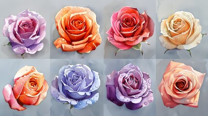 Delicate Rose Bouquet in Vibrant Watercolor on Gray Background