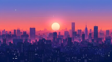 Fototapeta premium Dramatic Minimalist Cityscape at Dusk with Vibrant Colorful Skyline and Silhouetted Skyscrapers