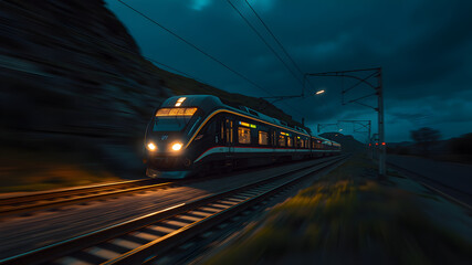 Fototapeta premium High key landscape with a futuristic train running sideway on semi conductor tracks, lighted, motion blur. Generative AI