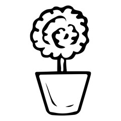 Topiary in a pot hand drawn doodle. Home flower tree. Interior design decoration. Vector outline line art illustration.