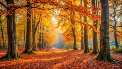 Autumn leaves and trees in a peaceful forest setting , Fall, foliage, woodland, seasonal, nature, tranquil, colorful