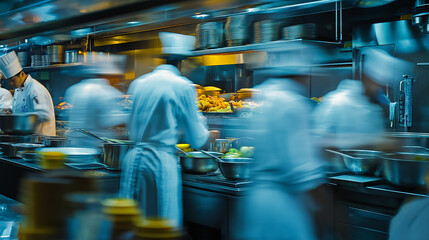 Dynamic Restaurant Kitchen with Busy Chefs Working and Blurred Background of Culinary Work