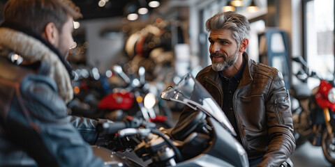 Two male customers choosing new motorcycle to buy in motorbike salon. They are discussing new motorcycle model in modern motorcycle dealership center