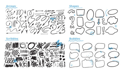 A large set of various doodle elements, scribbles, arrows, frames, bubbles. Vector elements for presentation design.