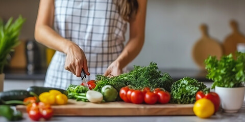 A woman preparing fresh vegetables in the kitchen, emphasizing healthy eating and a balanced lifestyle, in a vibrant, homey atmosphere.