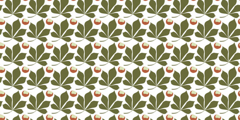 Autumn chestnut leaves and Nuts seamless vector pattern for fabric, wallpaper and wrapping paper. Flat or Cartoon Botany Illustration with Elements Isolated on White background for Textile