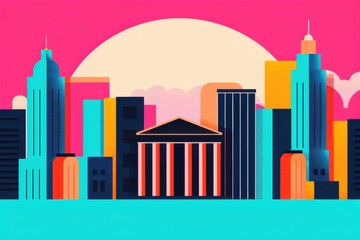 Obraz premium Vibrant Cityscape Illustration with Retro Futuristic Style.