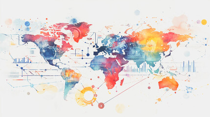 watercolor of Abstract with pastel colorful charts and graphs with statistics to analyze business potential and forecast future development of companies growth. with word map.
