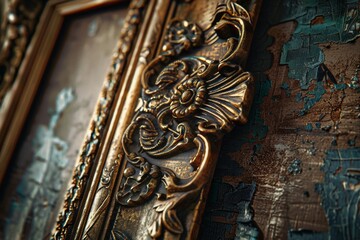 An ornate gold frame is positioned on a wall, highlighting its exquisite design and enhancing the surrounding decoration, A vintage frame with ornate carvings and gold accents, AI generated