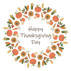 Happy Thanksgiving Day Wreath of autumn leaves with pumpkins, carrot, Sunflower, Apples. Vector Flat or Cartoon Round Border frame with Lettering. Holiday Celebration Template for Card, Poster, Art