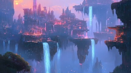 Fototapeta premium Floating Cityscape with Waterfalls and Pink Glow