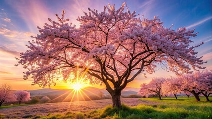 Blooming cherry blossom tree with glowing sun in the background, spring, nature, pink, flowers, sakura, petals, sunlight