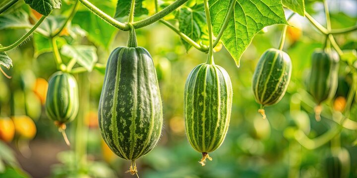 Pointed gourd plant with green leaves and hanging fruits in a garden , pointed gourd