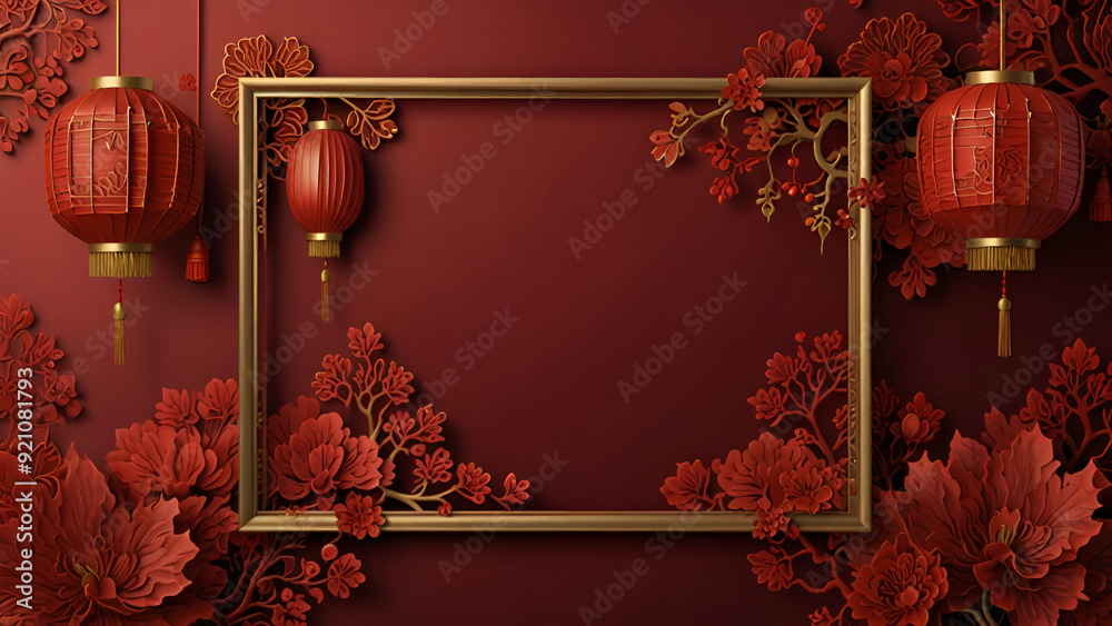 Fototapete red asian design template with square frame and lanterns, lunar new year background with 3d pattern.