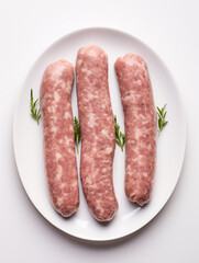 Raw Sausages on Plate with Herbs Top View