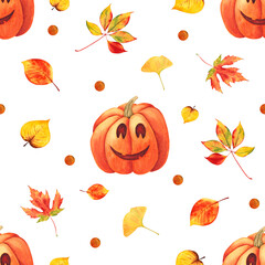 Obraz premium Seamless halloween pattern with pumpkin lantern, autumn leaves on a white background. Watercolor pattern for fabric, wallpaper, festive textiles and gift wraps.