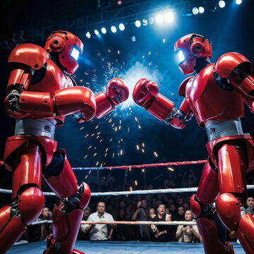 Robots de boxeo en medio de un ring brillantemente iluminado.