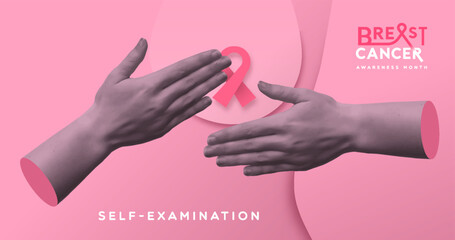 Breast cancer prevention self exam and hands in retro collage vector illustration