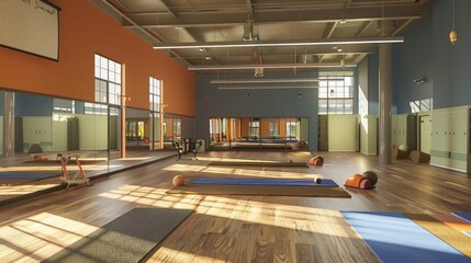 Fototapeta premium A 3D model of a gym studio for group classes, equipped with mats, mirrors, and audio-visual equipment for a dynamic workout experience.