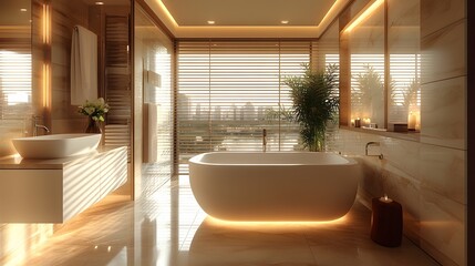 Spacious and serene bathroom design in high-resolution panoramic view, showcasing clean surfaces and soothing tones.