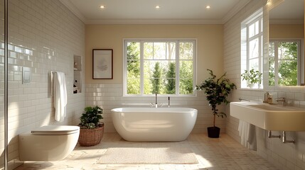 Spacious bathroom design with soothing colors and clean lines, perfect for high-resolution panoramic imagery.
