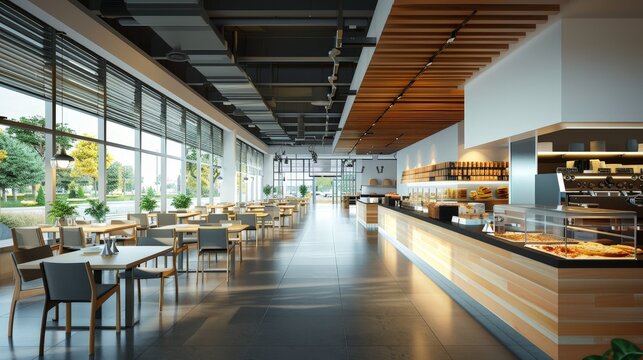 A 3D-rendered business office cafeteria with modern design and a variety of meal options.