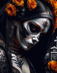 Gothic Halloween woman with tattoos, with orange flowers, cemetery, and tombstone in the background in black and white