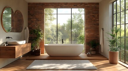 Fototapeta premium High-resolution panoramic photo of a contemporary bathroom, featuring a mix of clean lines and comfortable design elements.