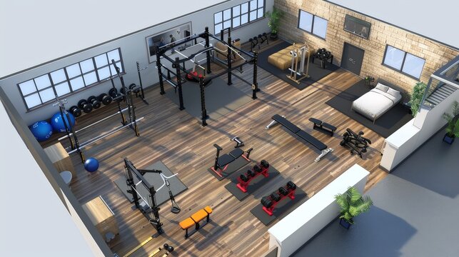 A 3D-rendered gym space designed for personal training, with designated areas for cardio, weightlifting, and flexibility training.
