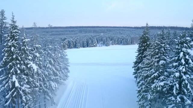 Snowy cross-country skiing trail winds through a forest on a cold winter day, creating a tranquil scene with tall trees against a blue sky