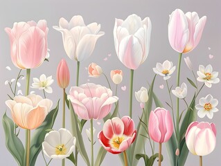 Vibrant Watercolor Tulip Garden with Blooming Flowers on Gray Background