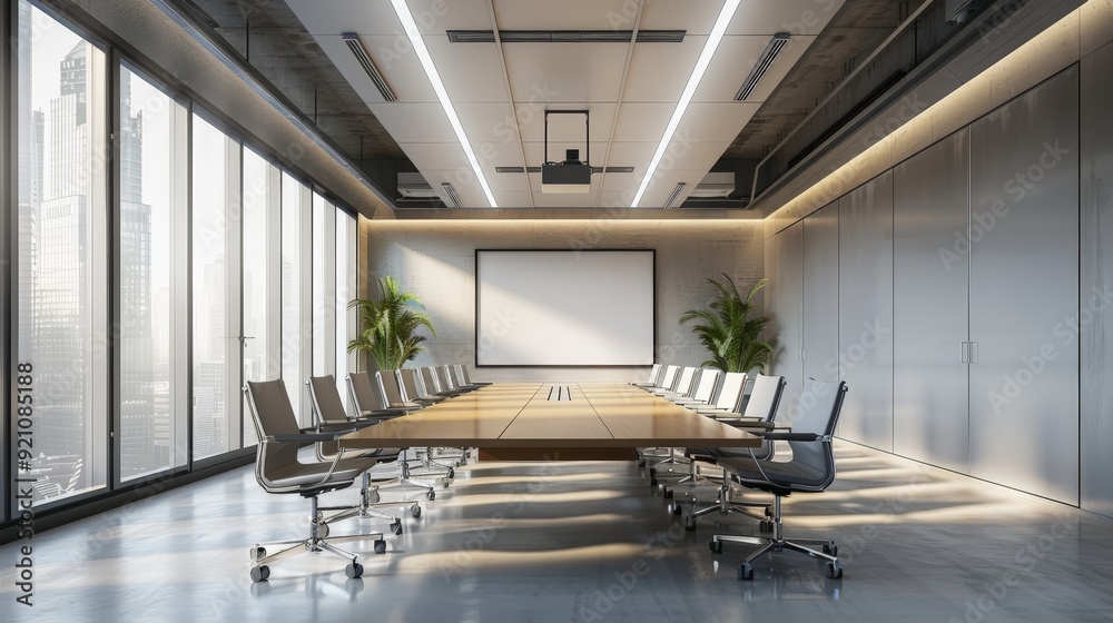 Wall mural A business office conference room with a large table, ergonomic chairs, and a digital whiteboard.