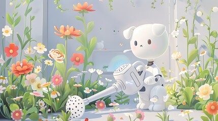 Whimsical Robotic Puppy Watering Flowers in Futuristic Garden