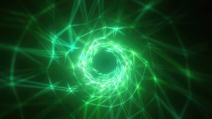 Abstract bright green glowing background with a tunnel of lines and stripes of energy of burning rays of plasma and electricity with light