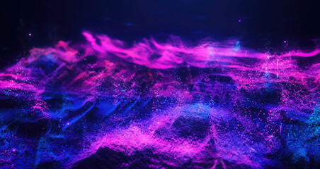Abstract moving futuristic landscape of particles and dots of energy magic with glow and blur effect, abstract background