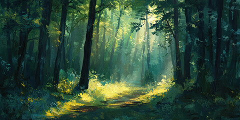 Fototapeta premium Forest background illustration art, artistic woodland abstract style, nature cubism Impressionism artwork woods tree patterns, generated ai